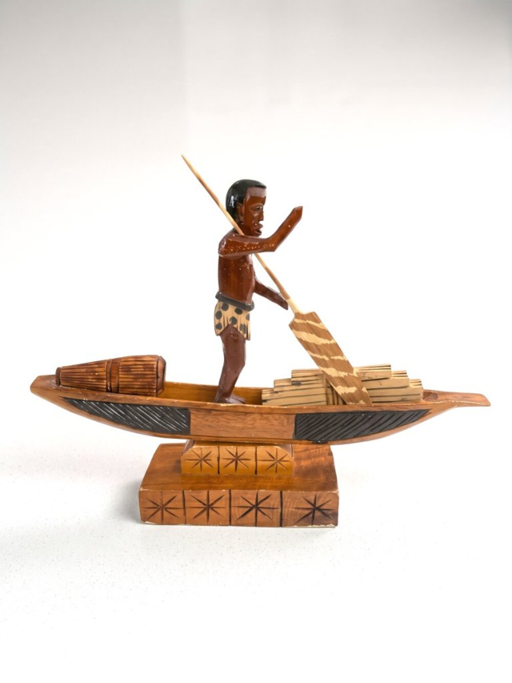 Vintage African Wooden Boat Sculpture Figure Paddle Goods Canoe Display 14.5”